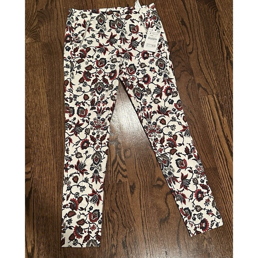NWT ZARA BASIC Ankle Cropped Off White Multicolored Floral Pants Sz Small